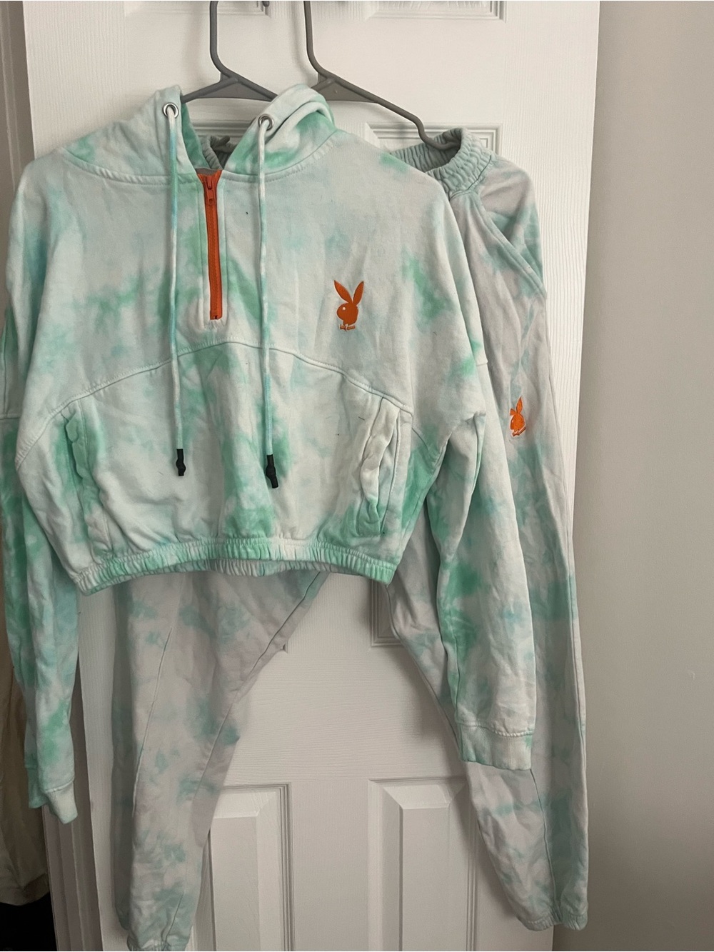 Playboy X Misguided  Tie-Dye Hoodie & Jogger Set — Mint & White with Orange Logo